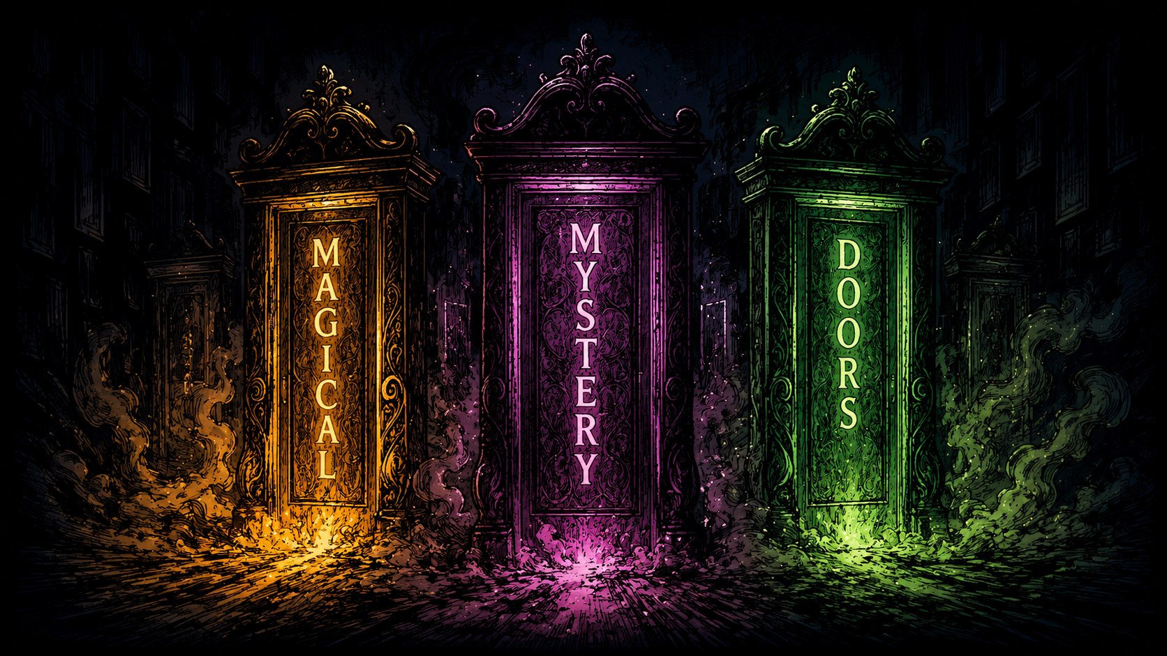Three engraved doors glowing gold, magenta, and green: Magical, Mystery, Doors