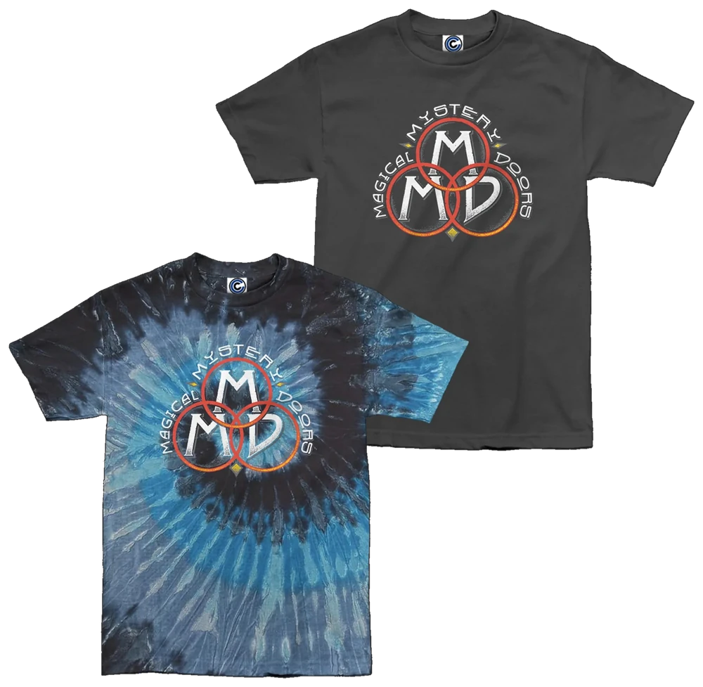Magical Mystery Doors 3 Circles shirt, in Evening Sky tie dye and dark grey