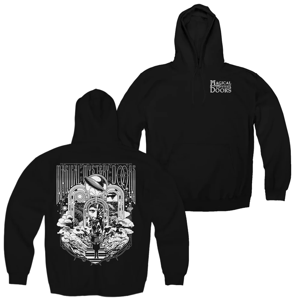 Magical Mystery Doors Steps pullover hoodie, black, front and back